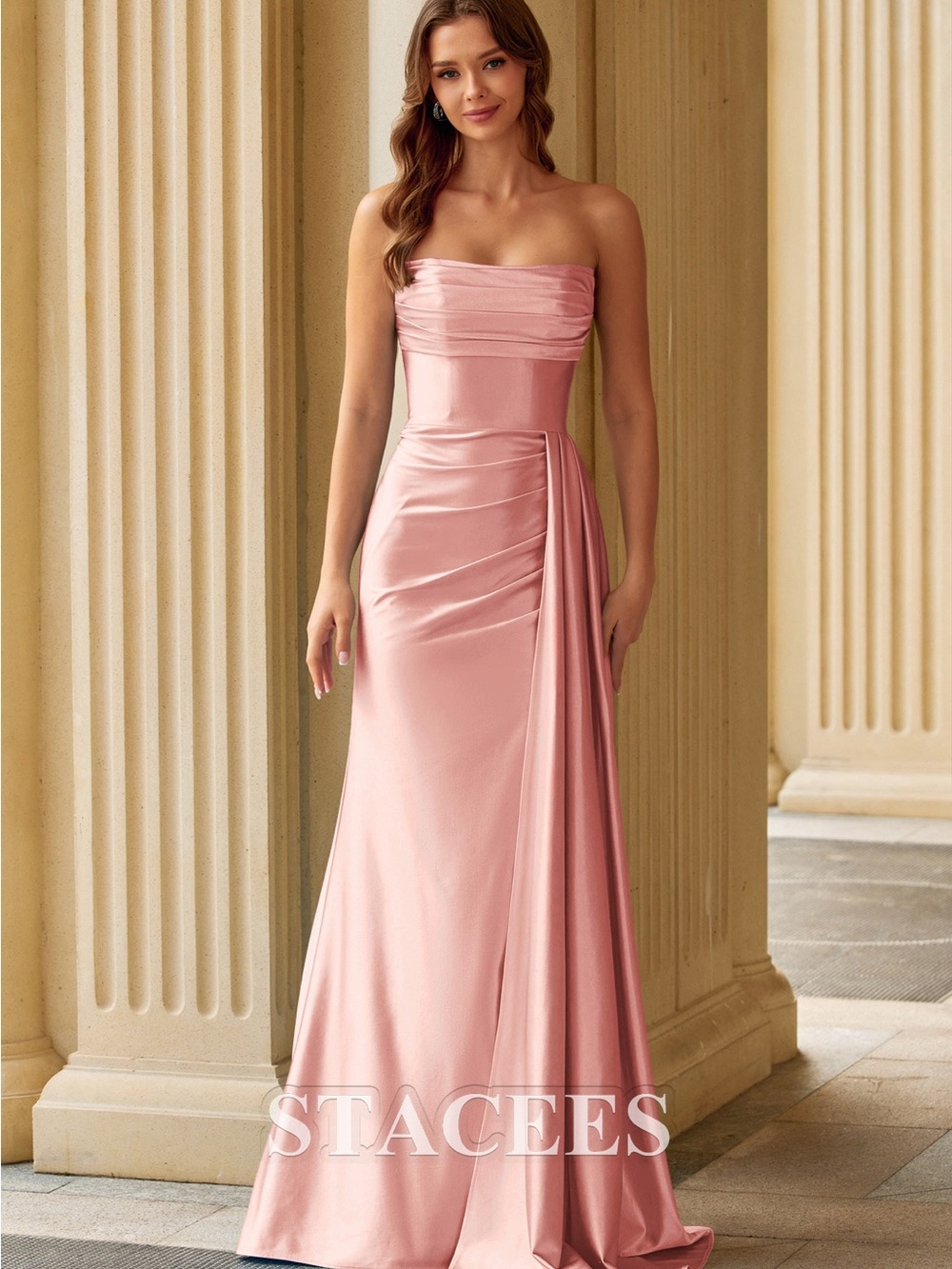 Brand New Stacees Strapless Satin Prom Gown in Blush Pink